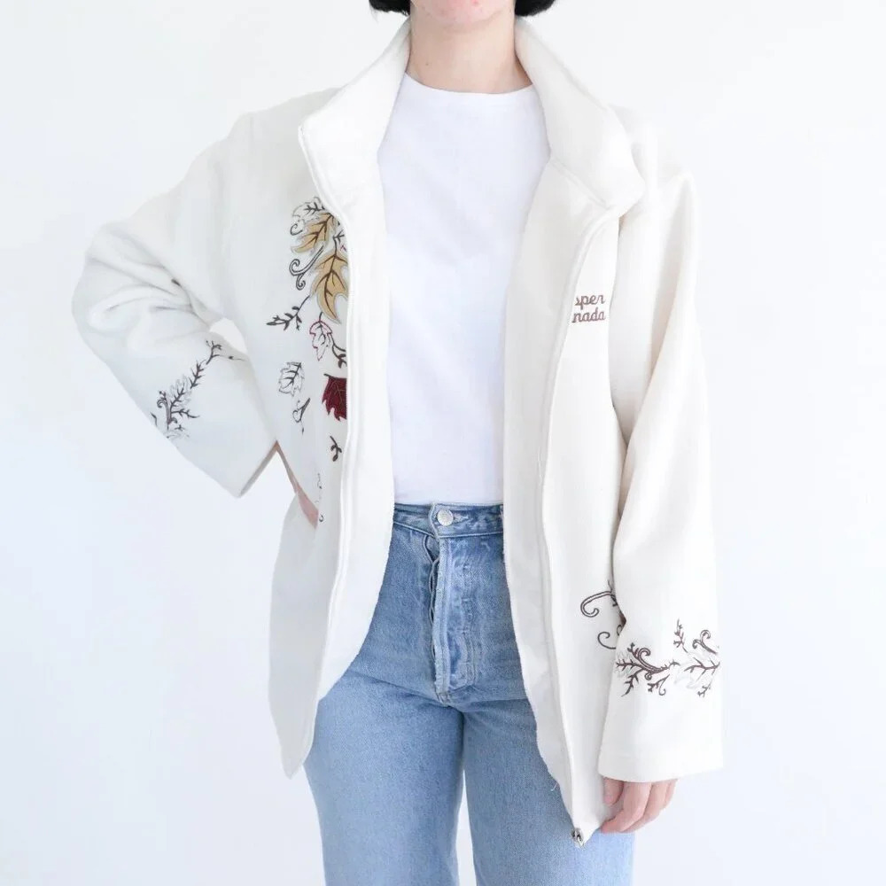 Vintage GGS Cream Jasper Canada Maple Leaves Embroidered Knit Cardigan XL